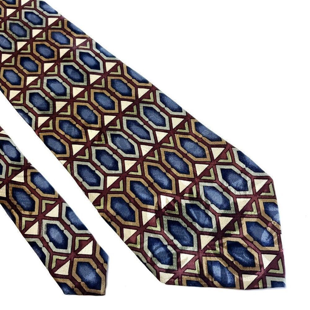Z. Inc Blue Tan Jacquard Geometric Print Wide Silk Tie